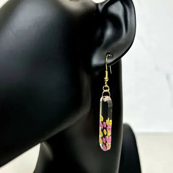Pink and Yellow Flower Engraved Acrylic Dangle Earrings - Picture 4 of 4